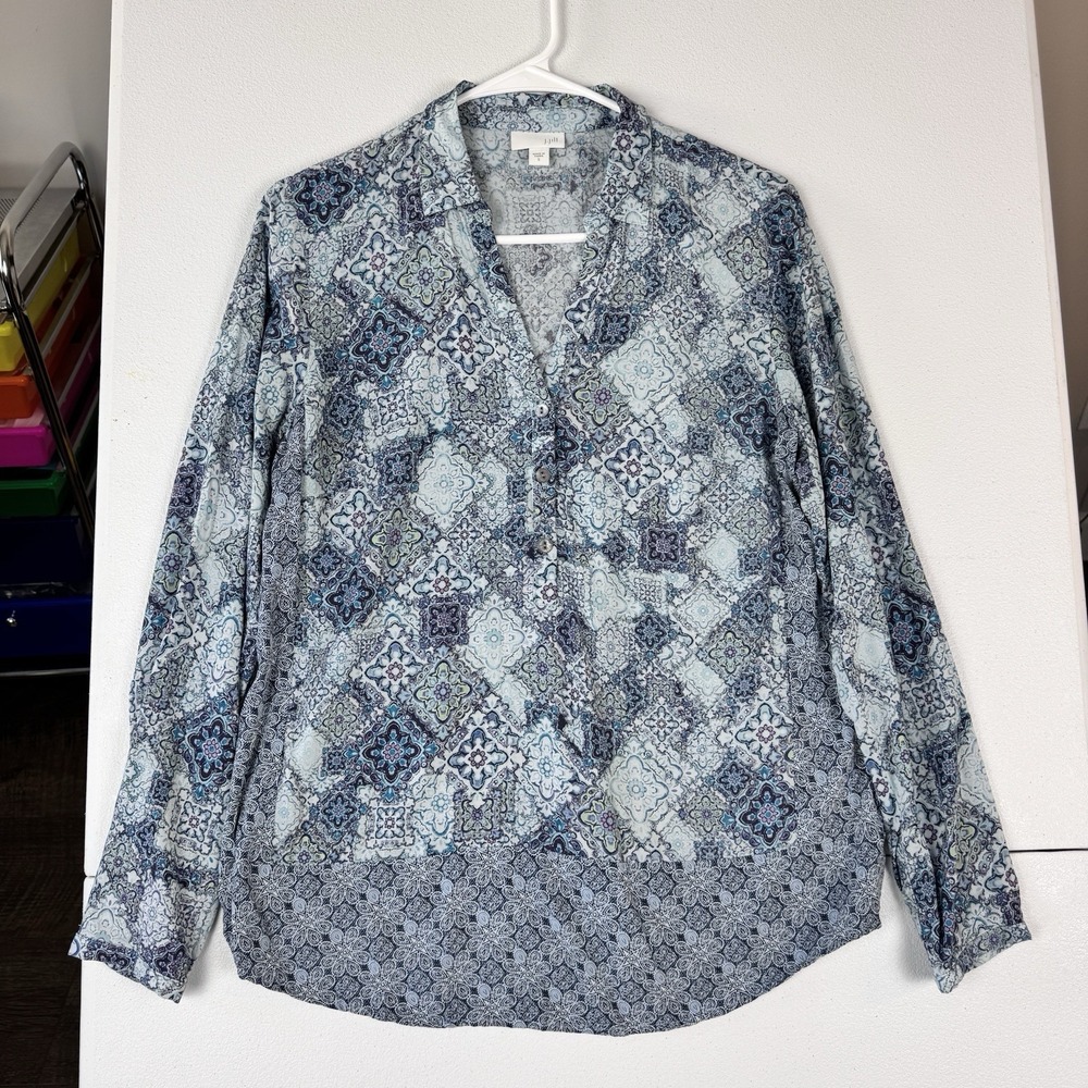 J. Jill Blue Purple Tile Paisley Rayon Long Sleeve Tunic Blouse Womens Small